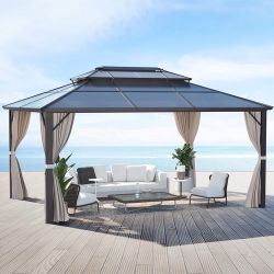 12 x 16ft Hardtop Gazebo, Polycarbonate Double Roof Aluminum Gazebo, Outdoor Waterproof Canopy Gazebo with Netting and Curtains for Garden, Deck, Lawn