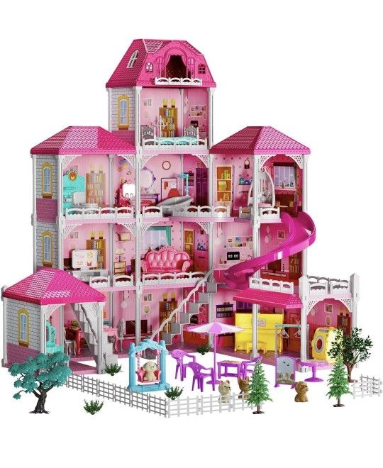 Doll House Girls Toys - 4-Story 12 Rooms Playhouse with 2 Dolls Toy Figures