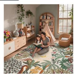 Kids Jungle Animal Area Rug 5 X 7 ft(150cmx213cm) – Cute Tiger, Monkey & Sloth Design