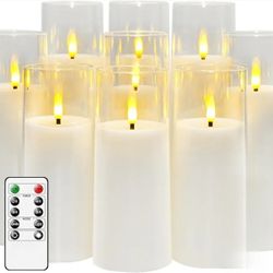 Pack Of 9 Flickering Flameless Candles Battery Operated with Remote, D2.3 xH 6" 7" 8"