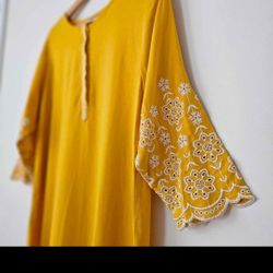 Yellow Kameez Kurta Indian Pakistani White Floral Embroidered Long Tunic Dress Shirt