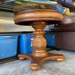 Solid Wood Carved Table With Round Glass Top