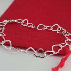❤️ Sterling Silver Delicate Italian Heart-Shaped Link Bracelet, Beautiful - Brazalete De Plata