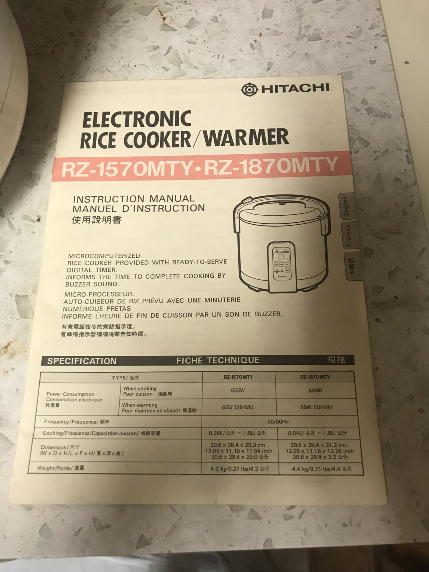 Used excellent Hitachi rice cooker RZ-1870 MTY 650 W,10 cups, made 