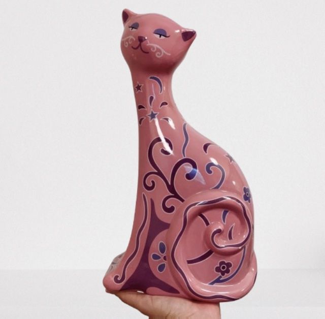 Vintage bombay pink & purple Ceramic Sitting Cat Figure Piggy Bank floral