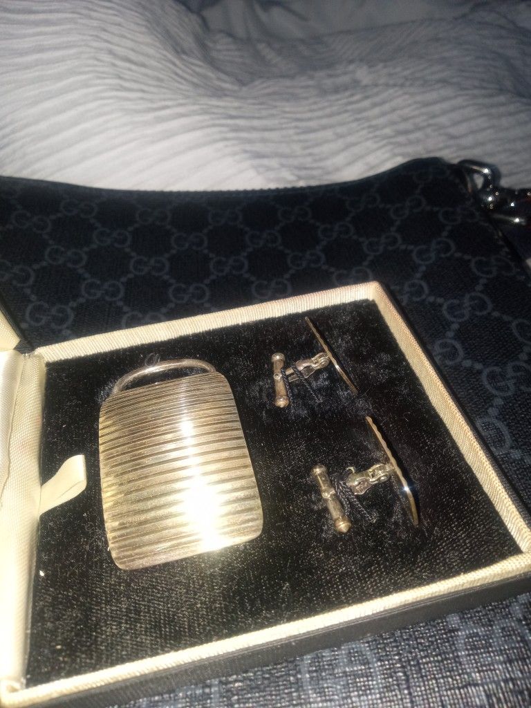 Silver Belt Buckle And Cufflinks Sterling Silver Numbered Cannot Make Out The Designer But Is A Vintage Piece And Looks Like Art Deco Comes With Box