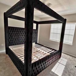 New Black Velvet Upholstered Canopy Bed With Bluetooth And USB charging Ports 