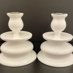 Vintage Set of 2 Wood Skandinavisk Helmsjold White Taper Candle Holders - Swedish