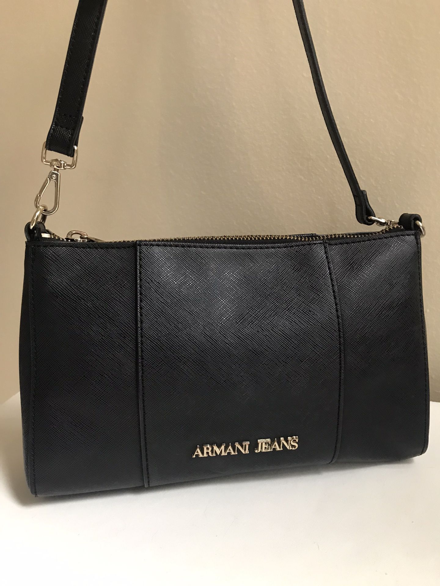 Armani Jeans Saffiano Faux Leather Shoulder Crossbody Bag Black