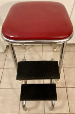 Vintage/Retro Folding Step-Stool Red Vinyl & Silver Color Metal