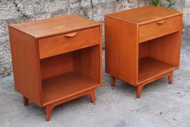 beautiful blonde ash wood set of 1958 Lane Perception Warren Church designed one-drawer NIGHTSTAND END TABLES
