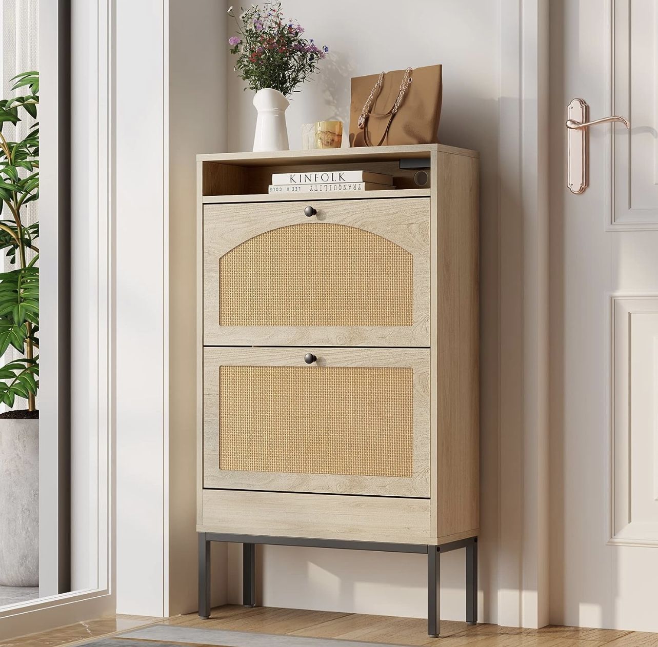 Rattan Shoe Cabinet with Charging Station, Shoe Storage Cabinet with 2 Flip Drawers, Slim Shoe Storage for Entryway, Hallway, Living Room (Natural)