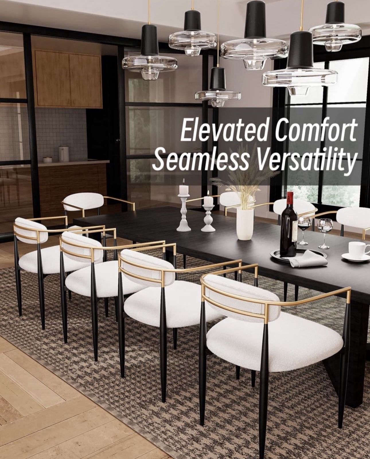 Mid-Century Modern Boucle Dining Chairs set of 6, Brushed Gold Armchairs with Black Metal Legs and Upholstered Cushion, Sherpa Accent Chairs for Livin