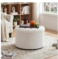 Soft cream fabric storage Ottoman