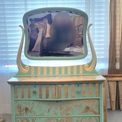 Hand Painted Antique Dresser/vanity With Mirror 