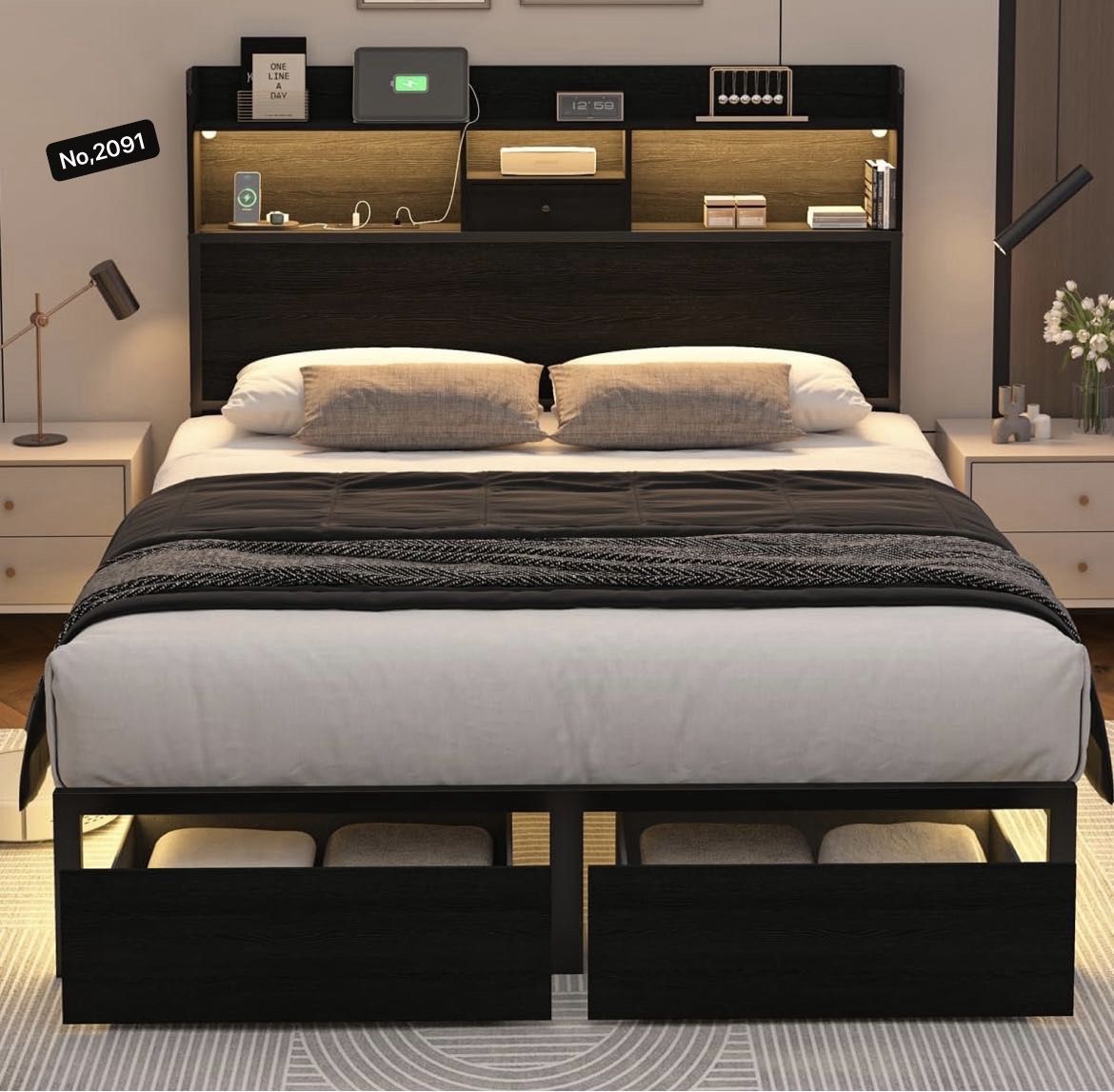 Queen Bed Frame with Storage Bookcase Headboard and LED Lights, 51.2" Tall Metal Platform Bed Frames with Drawers & Charging Station, No Box Spring Ne