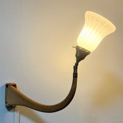 Antique Scandinavian Mid Century Swivel Curved Wood Arm Wall Lamp Sconce Light Tulip Glass Shade