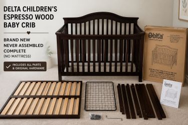 NEW Delta Children’s Products Espresso Wood Baby Crib Complete - Never Used