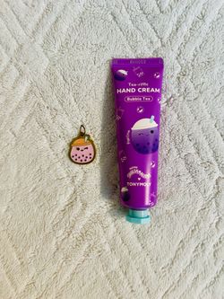 squishmallow x tonymoly tea-riffic hand cream in bubble tea + matching charm