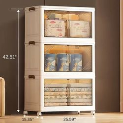 292 QT 25.6 Inch Wide Clear Door Foldable Storage Box-3-Tier Large Capacity Organizer, Easy Access, Space-Saving Foldable Design