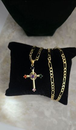 Gold Plated Multi-Color Gemstone Cross Necklace