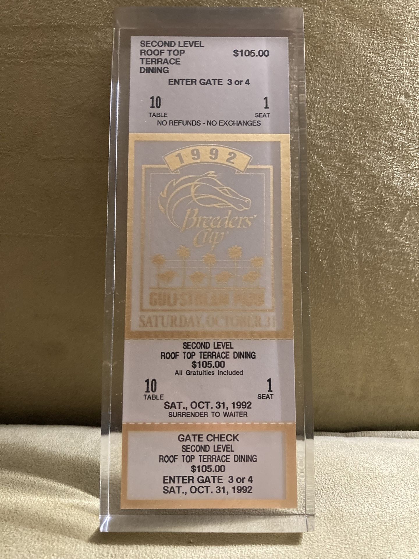 1992 Breeder’s Cup Gulfstream Park Rooftop Terrace Glass Encased Unused Full Ticket