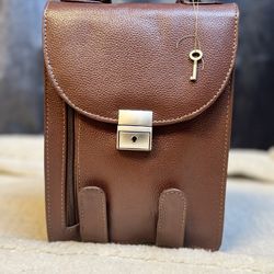 Brown Genuine Leather Crossbody Organizer Bag Lock Closure Multi Pocket with Strap