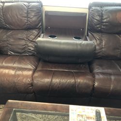 Brown  Leather  Couch  , Love Seat  In Good Condition With  Recliners  With 4 Cup Holders  And Some Storage 