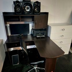 DESK, COMPUTER, PRINTER, SOUND SYSTEM PACKAGE