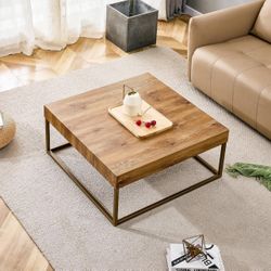Rustic Wood Coffee Table Square Farmhouse Cocktail Table Center Table with Natural Wood Tone Top and Bronze Metal Legs, Rustic Farmhouse Sofa Table Wo