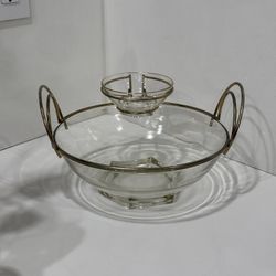 Vintage Atomic Style Metal Mid Century Modern Chip Dip Bowl Set Etched Glass