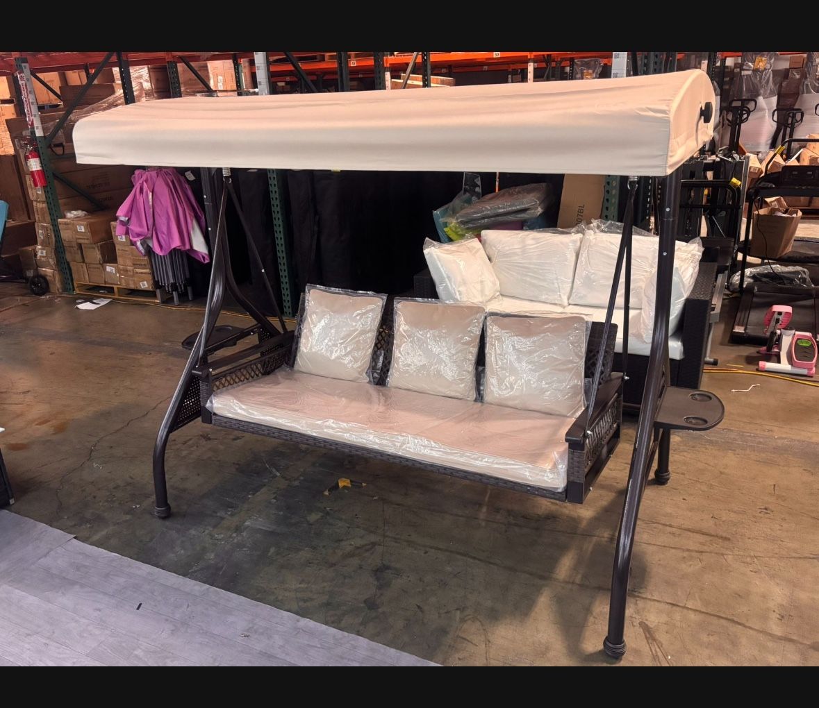 New In Box Blue Or Khaki Outdoor Patio Porch Swing with Adjustable Canopy Cup Holder Thick Cushion