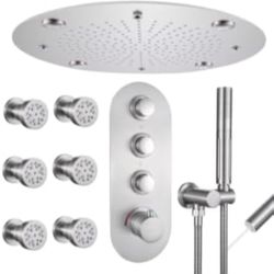 Brushed Nickel Temperature Shower System,Push Button,16 inch ceiling LED Rain Shower head 6 body Jet