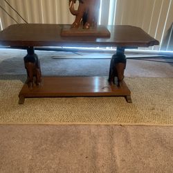 Antique handcarved, coffee table, and footstool