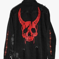 Ebossy Men's Skull/Cobra Print Hipster Hip-Hop Distressed Frayed Denim Jean Jacket