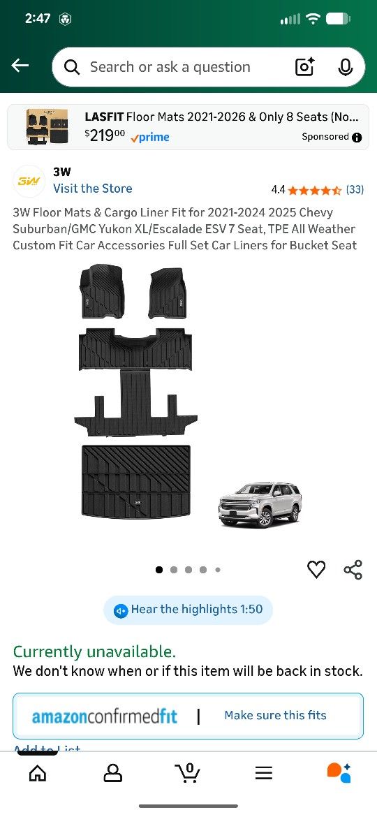 New All Weather Floor Mats + Cargo For 2021-2025 Suburban Yukon Escalade ESV 7 Seat