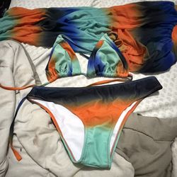 3-piece orange and blue ombre bikini set 
