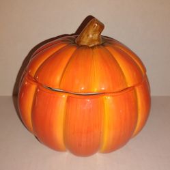 Vintage Ceramic Pumpkin Dish with Lid Made In Japan Fall Decor Orange