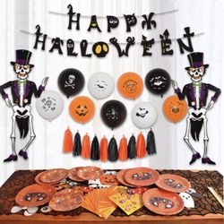 5 pcs Halloween Party Supplies Fun Party Favor Decorations, Large Pack of Hanging Skeleton Props, Photo Props, Balloons, Banner, Plates, Napkins, Tass