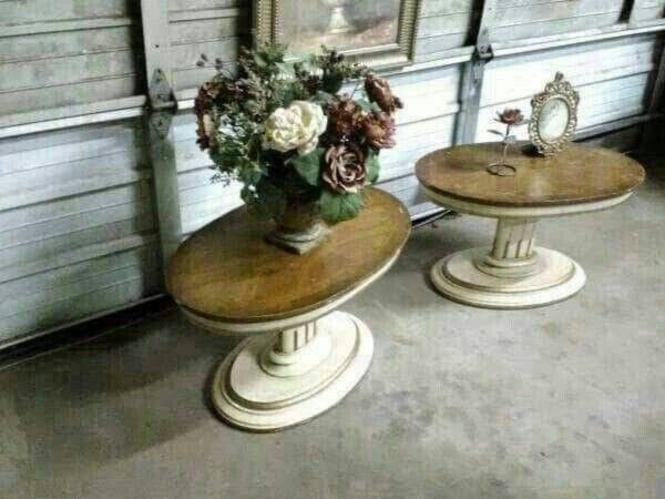 Oval Shabby Chic French Walnut Wood Column Pedestal End Tables