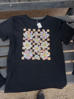 Black Smiley Daisy Checkered Graphic T-Shirt