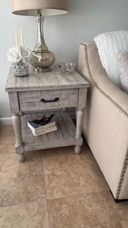 Rustic Whitewashed Wood Nightstand with Drawer