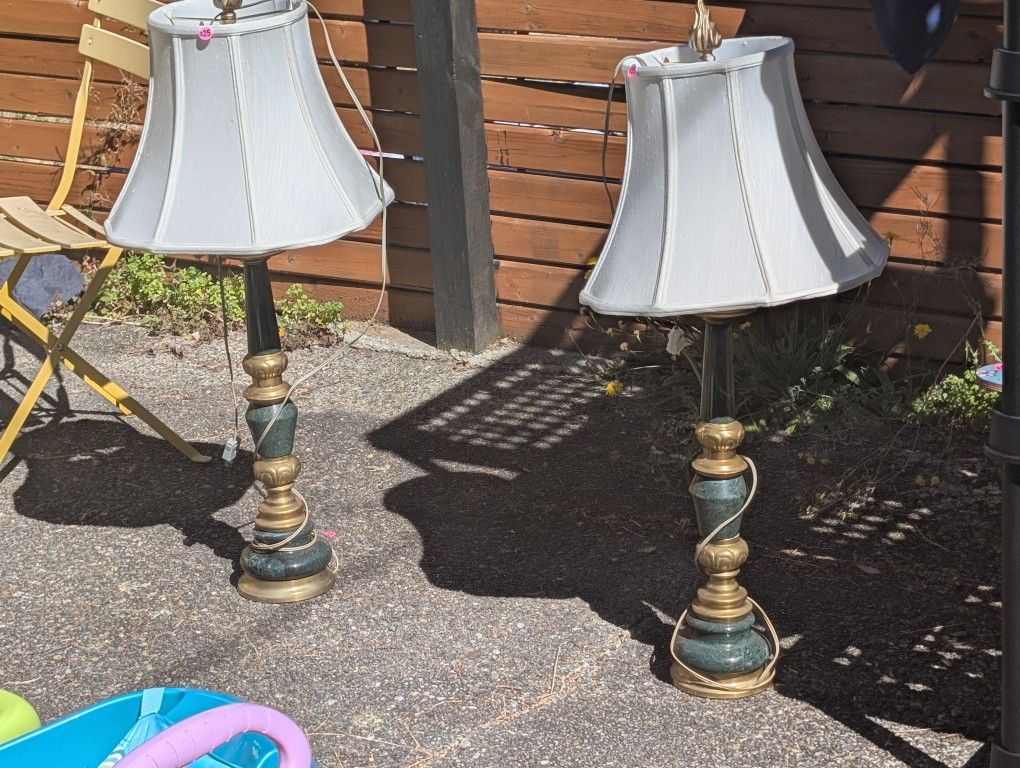 Vintage Brass And Green Marble Table Lamps