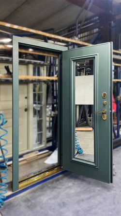 Green Steel Security Door with Glass Panel