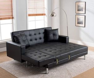 BLACK FUTON Tufted BONDED LEATHER Sectional Sofa Bed
