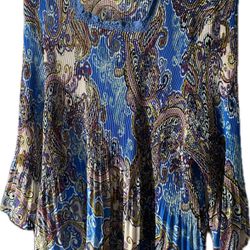 Pleated  Paisley Multi Color Tunic Size 36 W / 5 X With Squared Blue Trim Neck Line