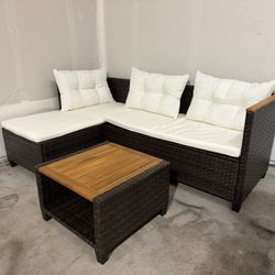 Wisteria Lane 3-Piece Patio Furniture Set, All-Weather PE Rattan Outdoor Sectional with Storage Table, L Shape Outdoor Couch with Cushions, Small Wick