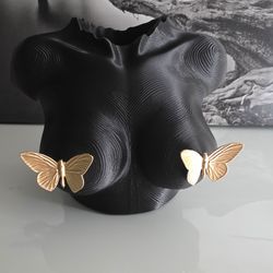 Black Abstract Female Body Sculpture with Gold Butterflies