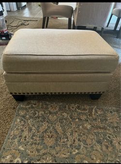 Beige Fabric Ottoman with Nailhead Trim