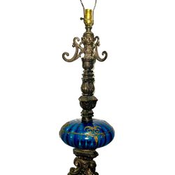 Hollywood Regency Accurate Cast Company Cast Iron And Blue Globe Buffet Lamp